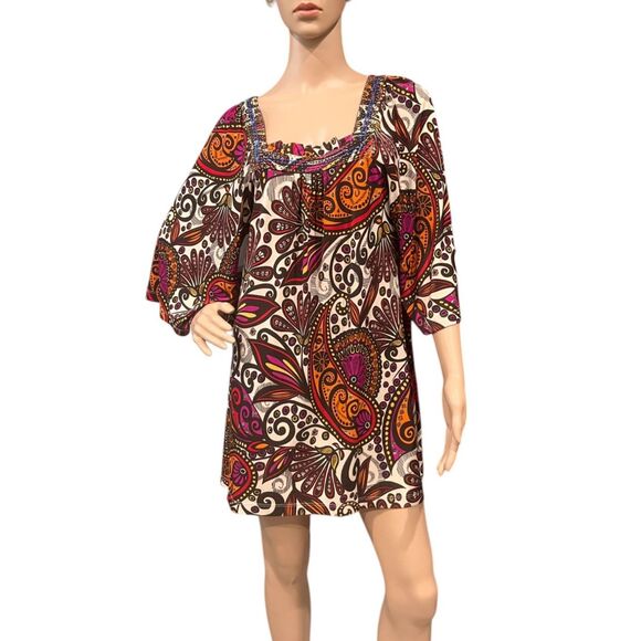 MECHANT Multicolor 3/4 Bell Sleeve Beaded Mini Dress Sz M - Picture 1 of 7